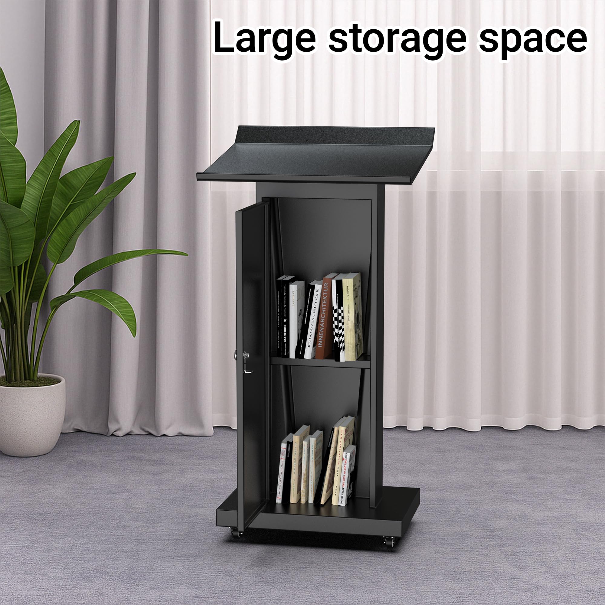 Metal Podium Stand with Wheels, Heavy-Duty Rolling Lectern for Classroom, Church & Office Presentations, Large Top, Locking Casters, Stable Base