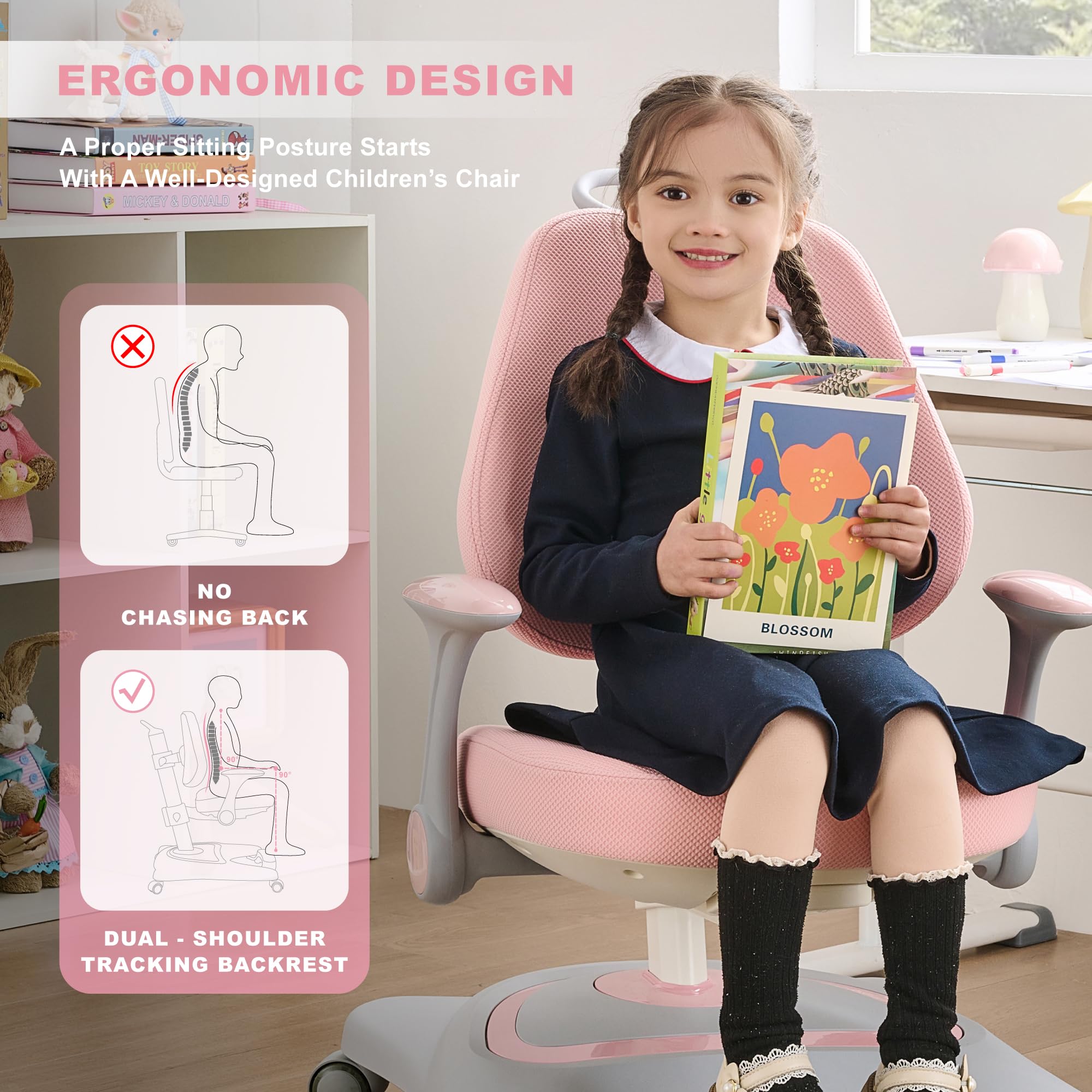 Kids Desk Chair,Ergonomic Chair: Height-Adjustable, Double Back Support – Multifunctional for Study/Work/Dining | Ideal for Kids, Petite Adults – Ultra-Comfy (Bedrooms, Schools, Offices)(Pink)