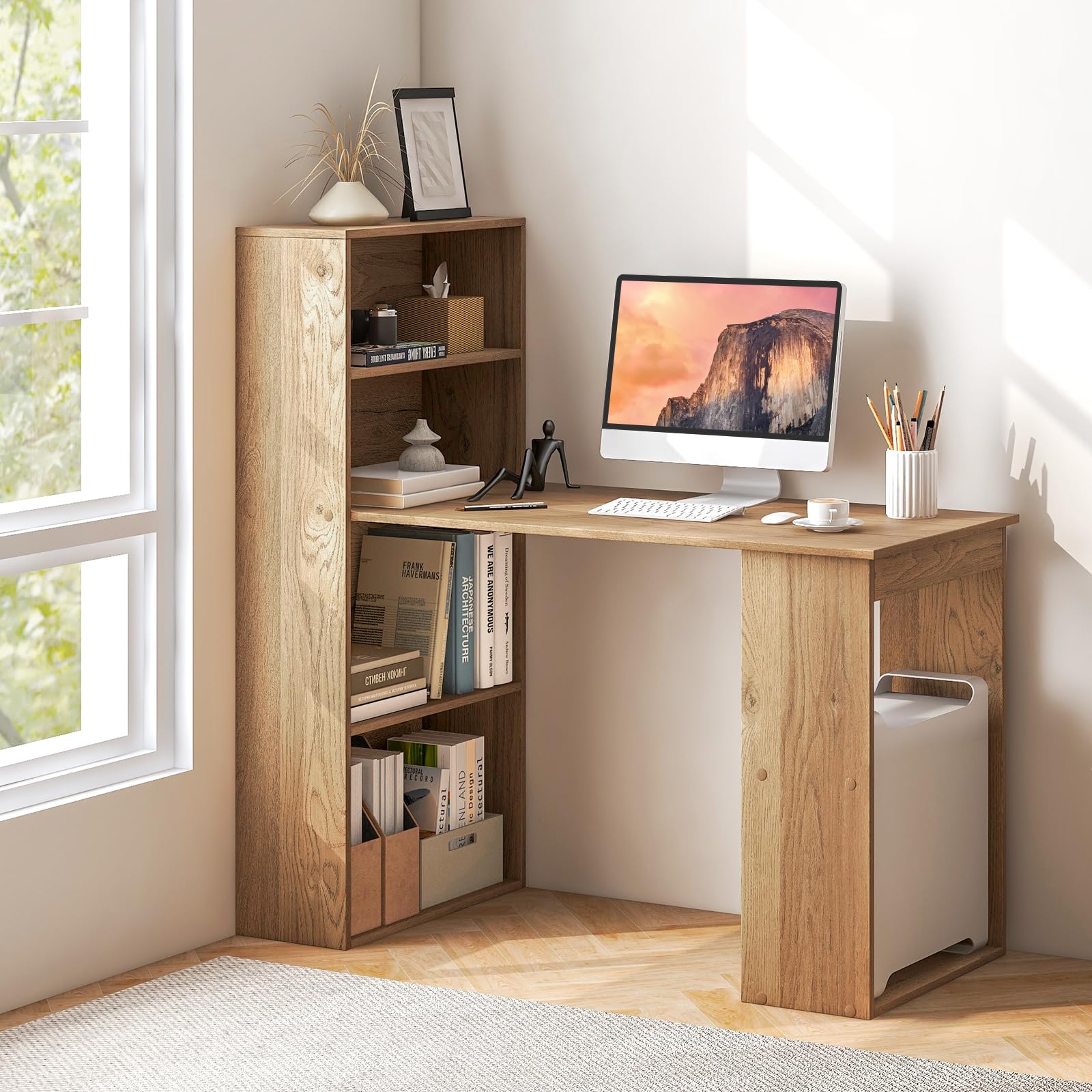 Computer Desk with Bookshelf, Writing Study Desk with Storage Shelves & CPU Stand, Modern Compact Computer Workstation for Home & Office, Space-Saving Design(Natural)