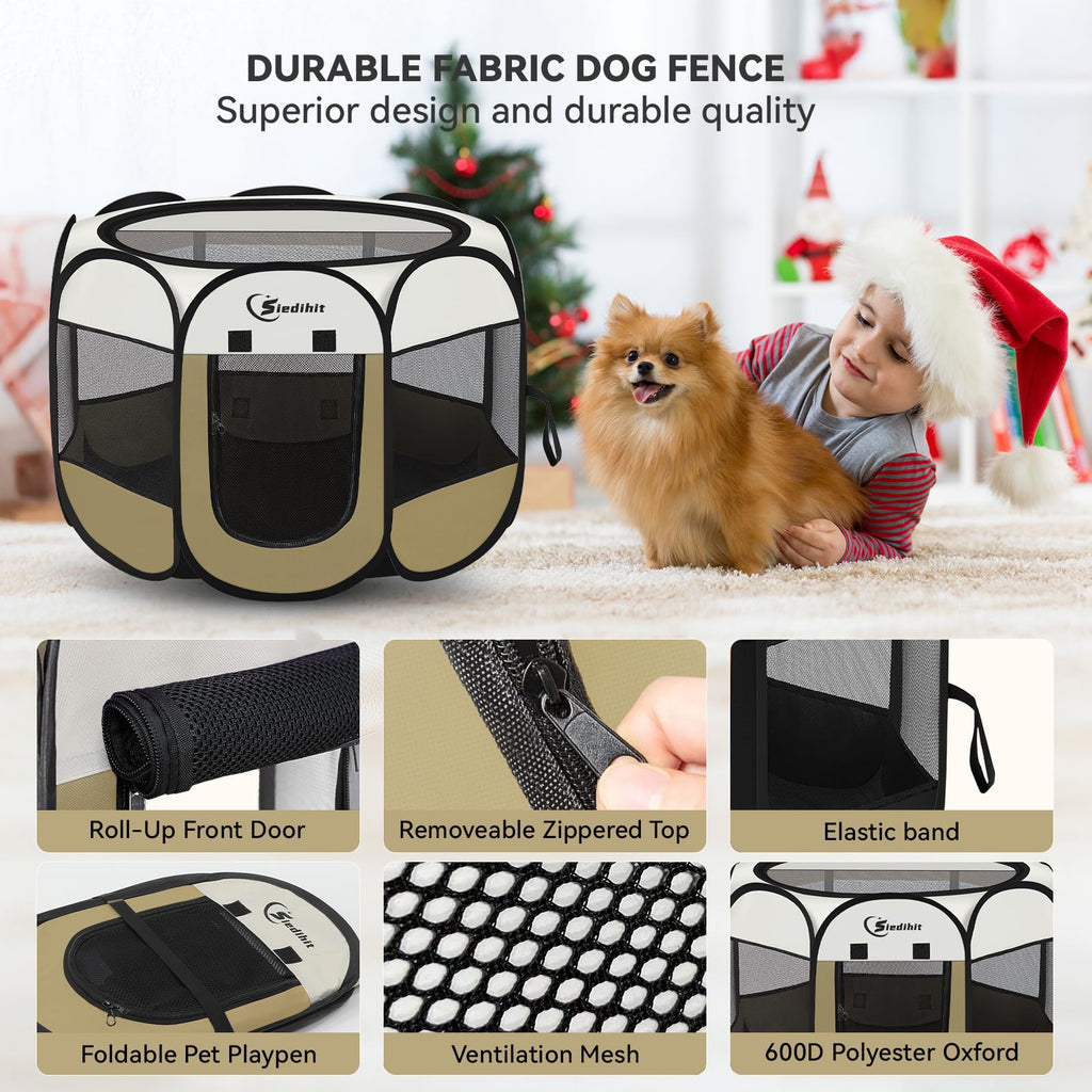 Dog Cat Playpen, Medium Puppy Pet Playpen, Dog Crate Tent Cage Indoor/Outdoor, Portable Pop Up Dogs Kennel Playpen with Carrying Case for Dogs/Cats/Rabbits Coffee