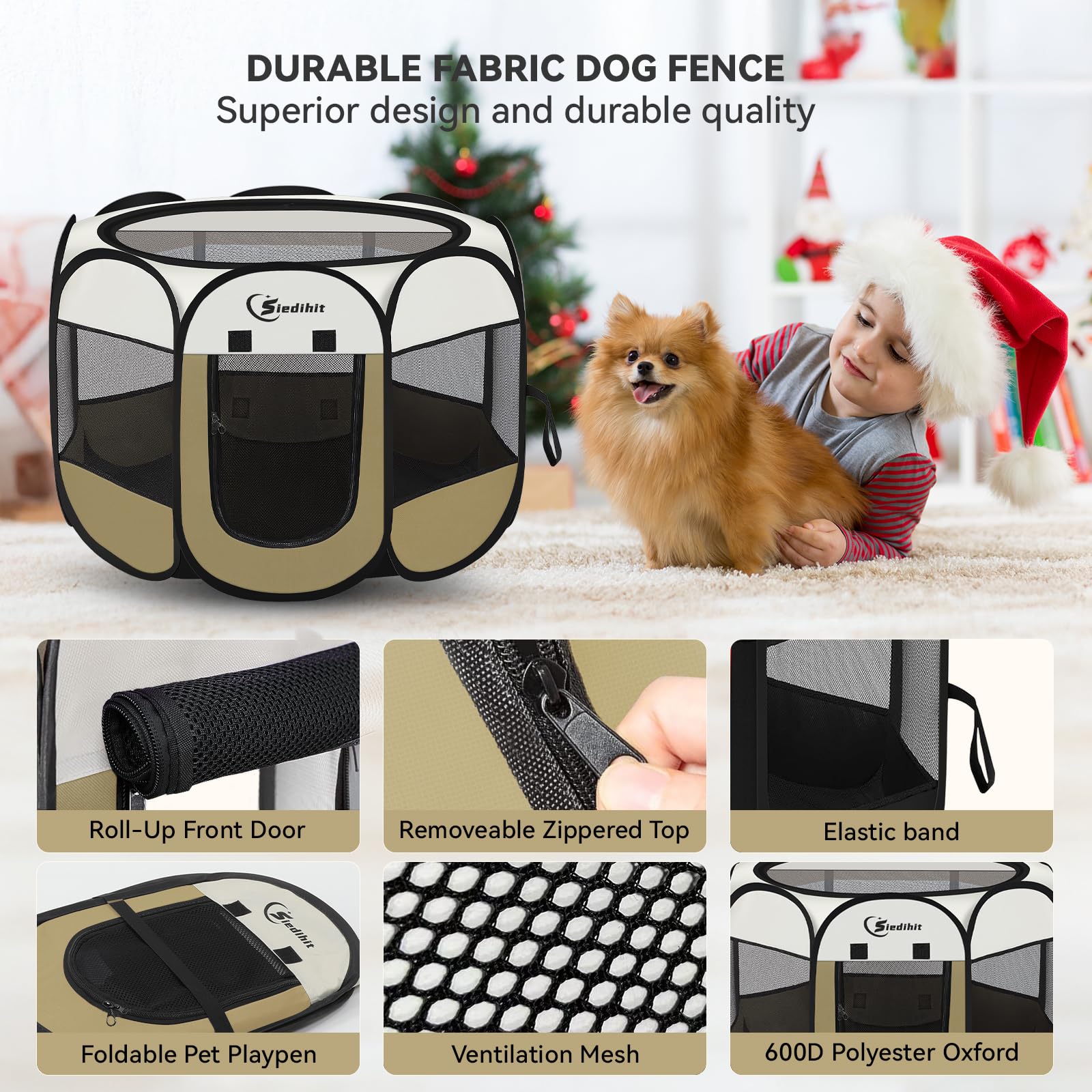 Dog Cat Playpen, Medium Puppy Pet Playpen, Dog Crate Tent Cage Indoor/Outdoor, Portable Pop Up Dogs Kennel Playpen with Carrying Case for Dogs/Cats/Rabbits Coffee