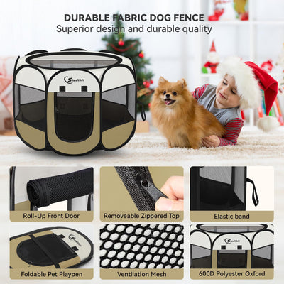 Dog Cat Playpen, Medium Puppy Pet Playpen, Dog Crate Tent Cage Indoor/Outdoor, Portable Pop Up Dogs Kennel Playpen with Carrying Case for Dogs/Cats/Rabbits Coffee
