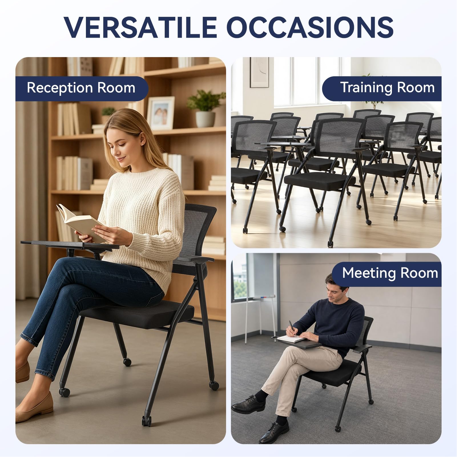 Ergonomic Foldable Office Chair with Breathable Mesh Back, Stackable Conference Chair - PU Wheels & Armrest for Guest, Meeting, Reception (Black) (Black-A)