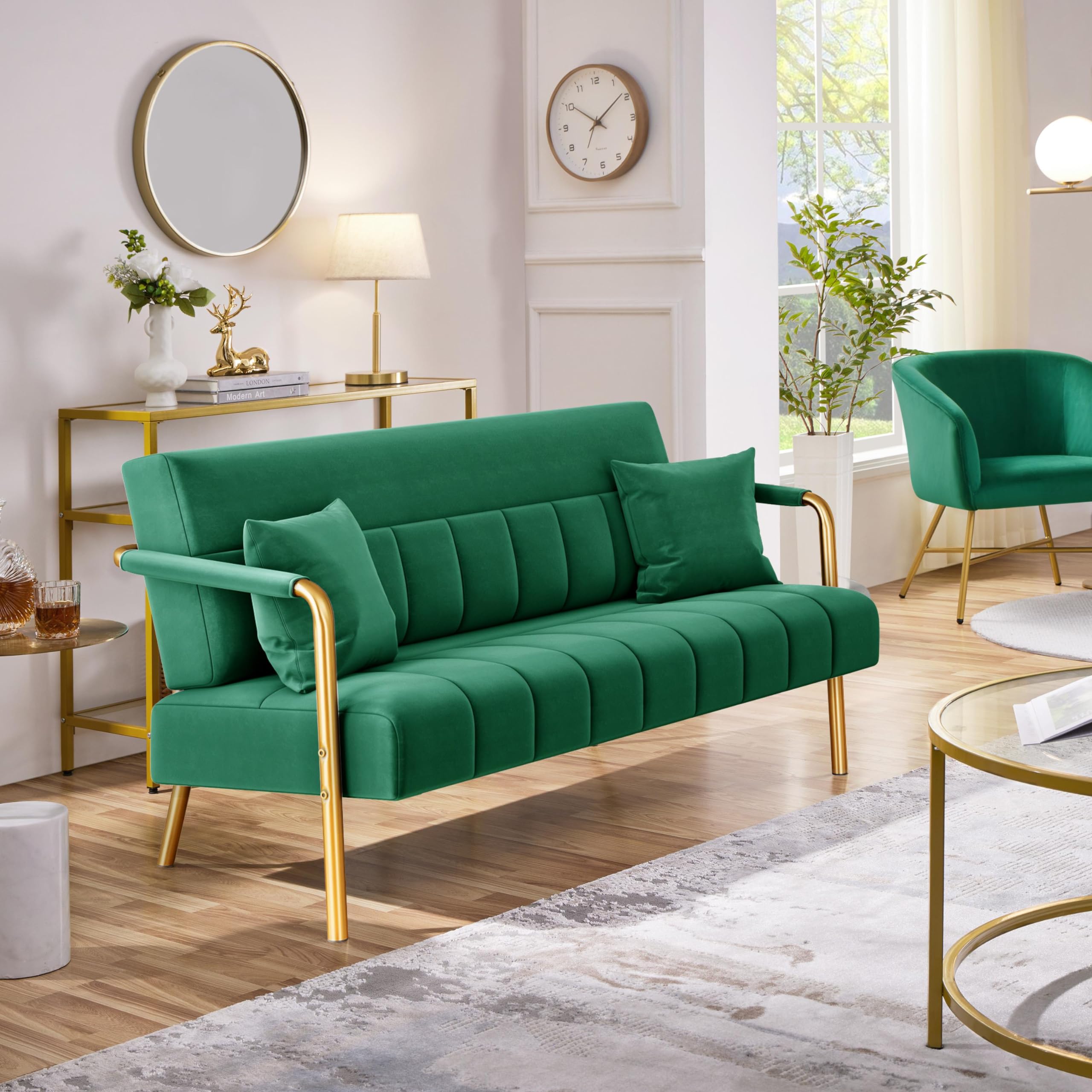 56.5" W Modern Sofa Small Sofa Luxurious Velvet Fabric Couch with Gold-Tone Metal Arms and Legs for Living Room, Home Office, Studio Green