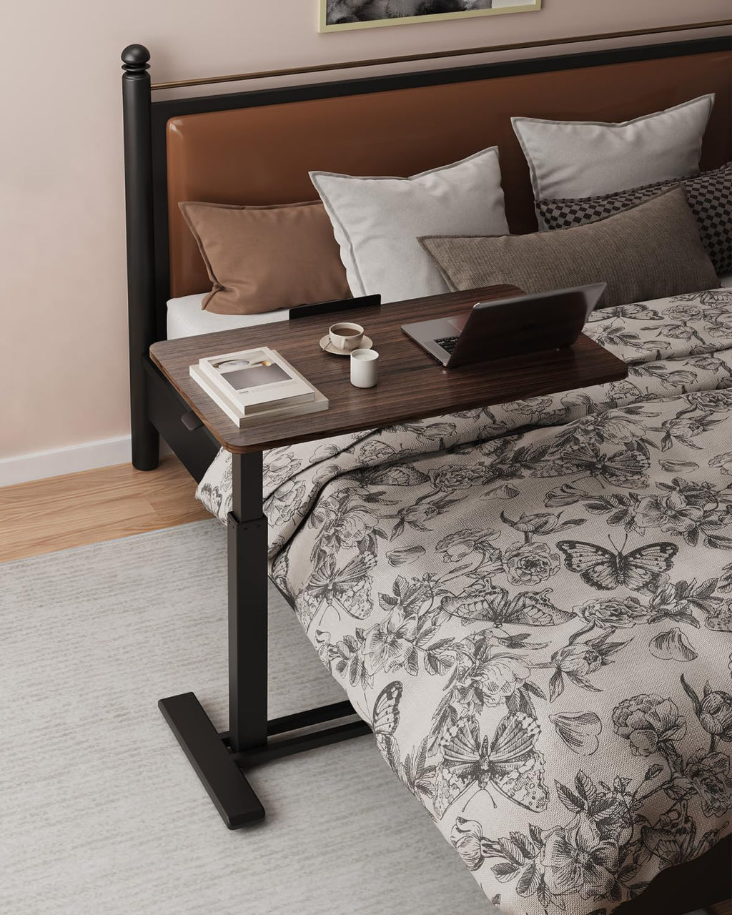 H7 PRO Mobile Standing Desk Adjustable Overbed Table Pneumatic with Wheels 55°Tiltable Portable Laptop Desk Rolling Computer Cart Foldable Bedside Table(27.6" W x 15.7" D, Rustic Brown)