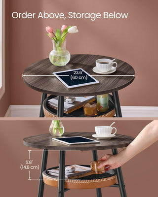 Bar Table with Storage, Round High Pub Table, Synthetic Leather with Stitching, Mid-Century Modern, Kitchen Home Bar, Living Room, Easy Assembly, Ash Brown and Caramel Brown