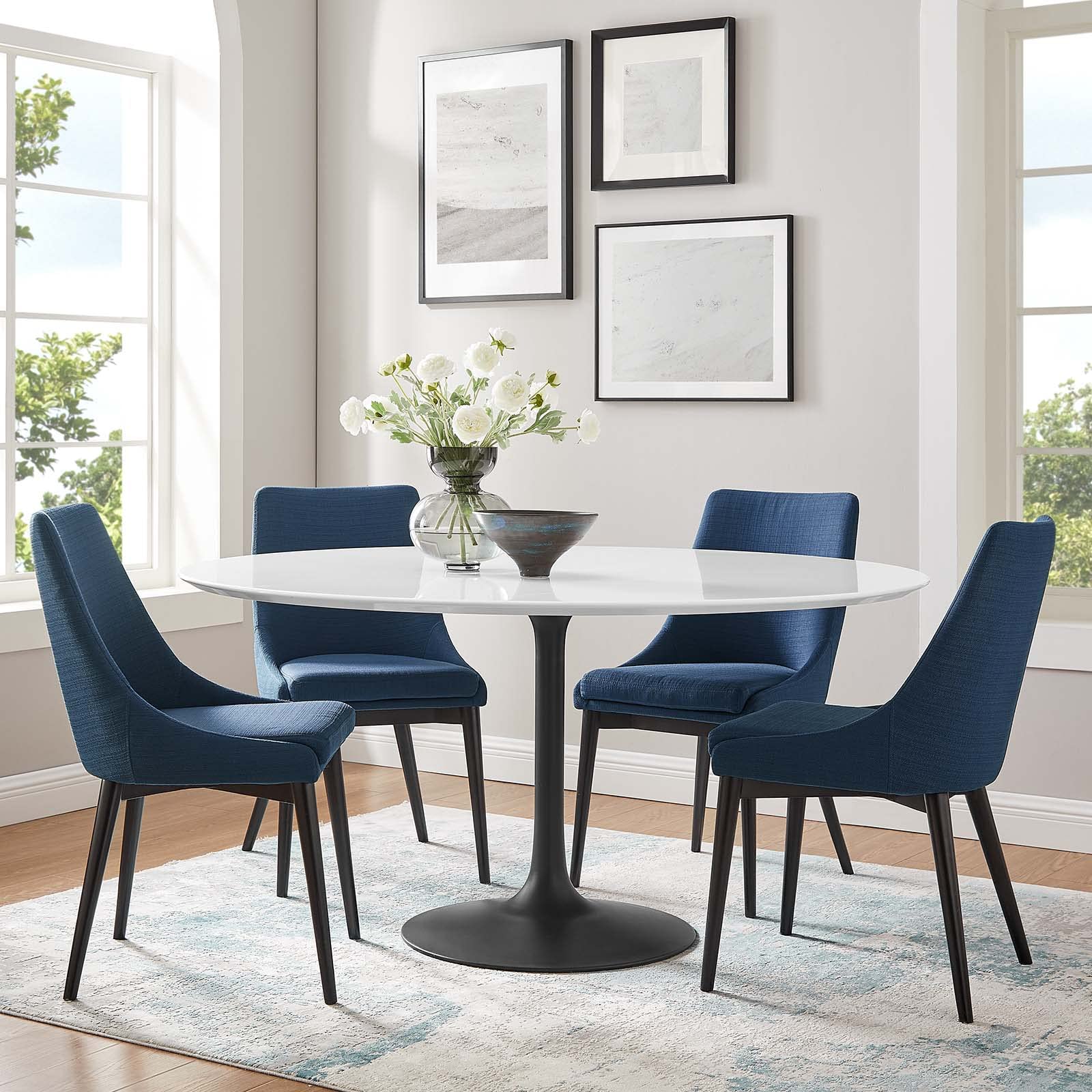 60" Round Wood Dining Table, White Top, Black Base