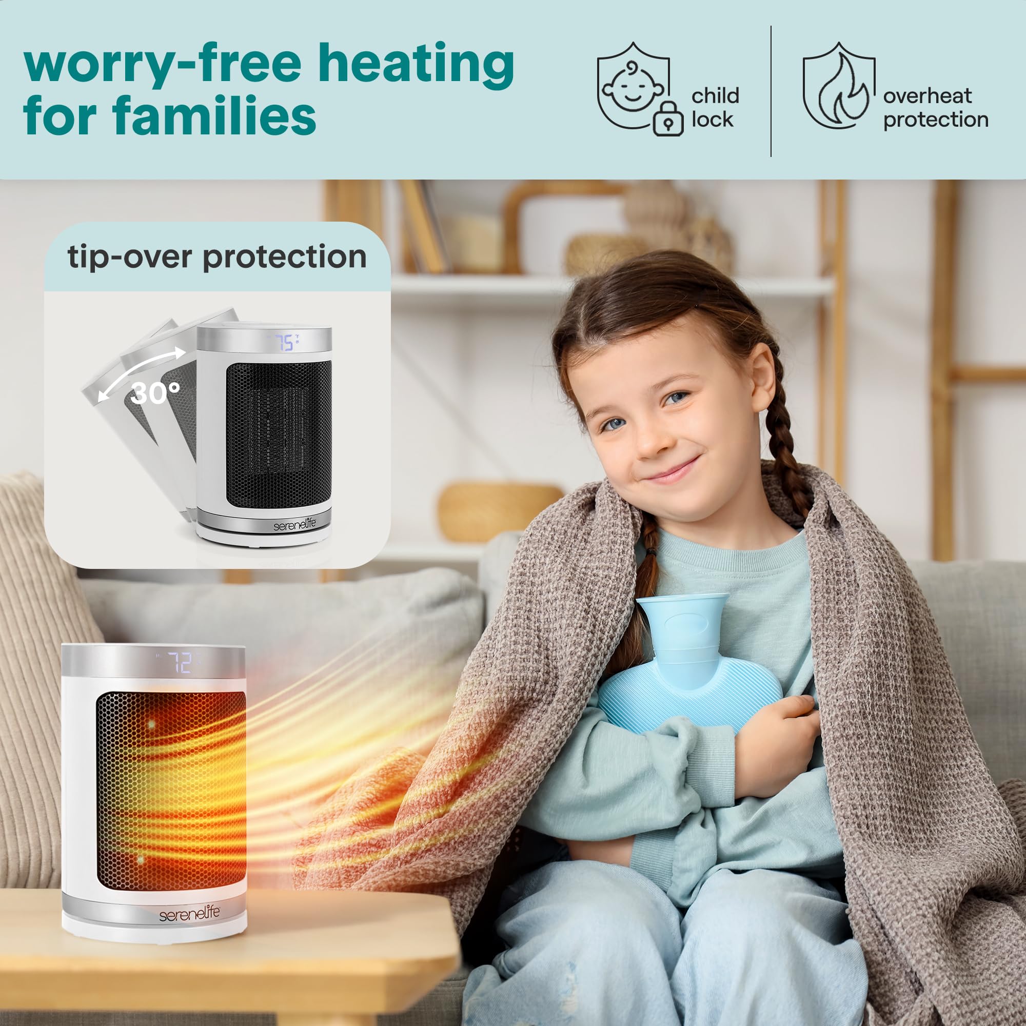 Smart Space Heater – 1500W Indoor Electric Heater with Thermostat, Remote Control, 12-Hour Timer, Wi-Fi Enabled PTC Ceramic Heating for Home and Office, White (5.9" x 5.9" x 9.5")