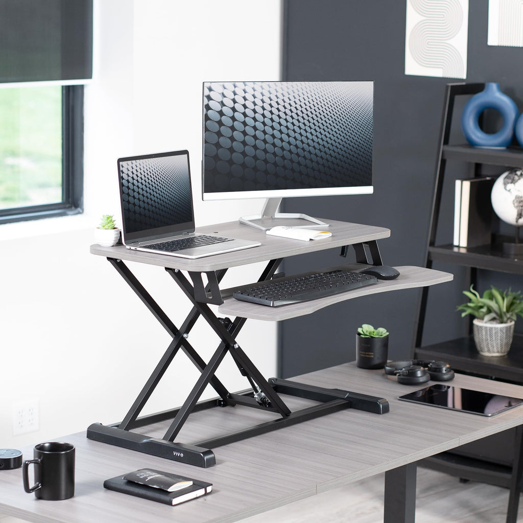 32 inch Desk Converter, K Series, Height Adjustable Sit to Stand Riser, Dual Monitor and Laptop Workstation with Wide Keyboard Tray, Gray Top, Black Frame, DESK-V000KG