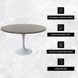 Mid-Century Modern 48 Inch Round Dining Table, MDF Wood Tabletop with White Steel Pedestal Base, Large Pedestal Kitchen & Dining Room Table, Breakfast Nook Table (Dark Maple)