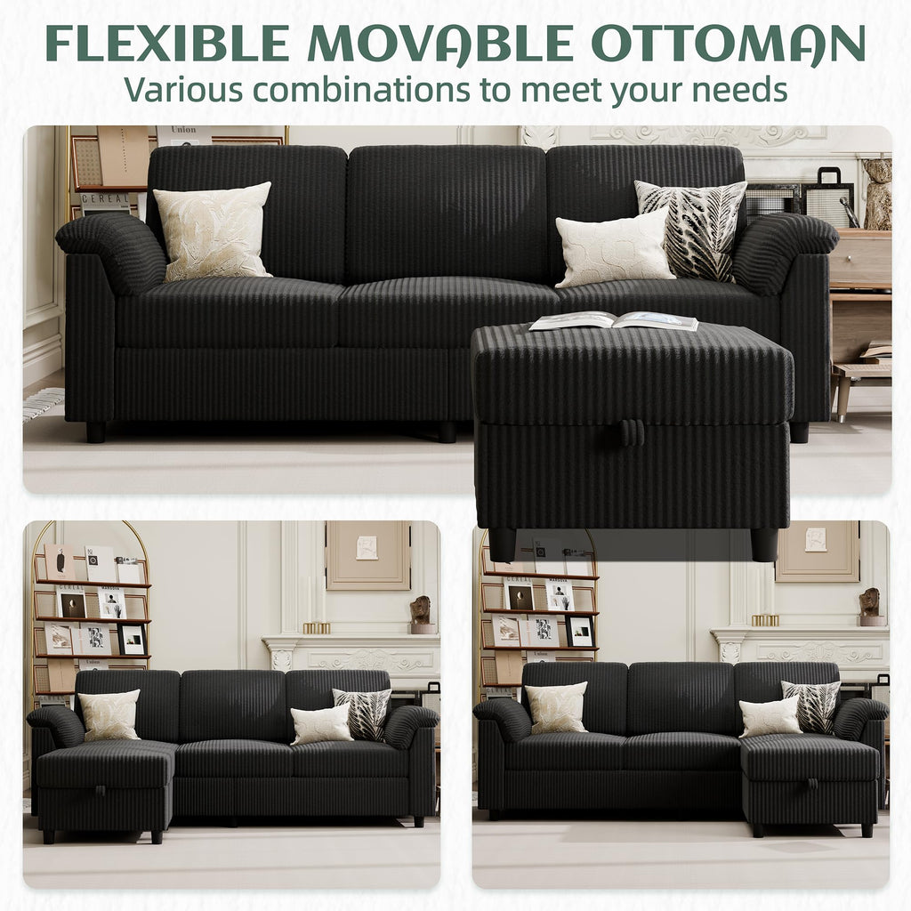 Convertible Sectional Couches, 3 Seat L Shaped Couch Sofa with Removable Pillows Soft Corduroy Fabric Small Couch Mid Century for Living Room, Apartment and Office Black