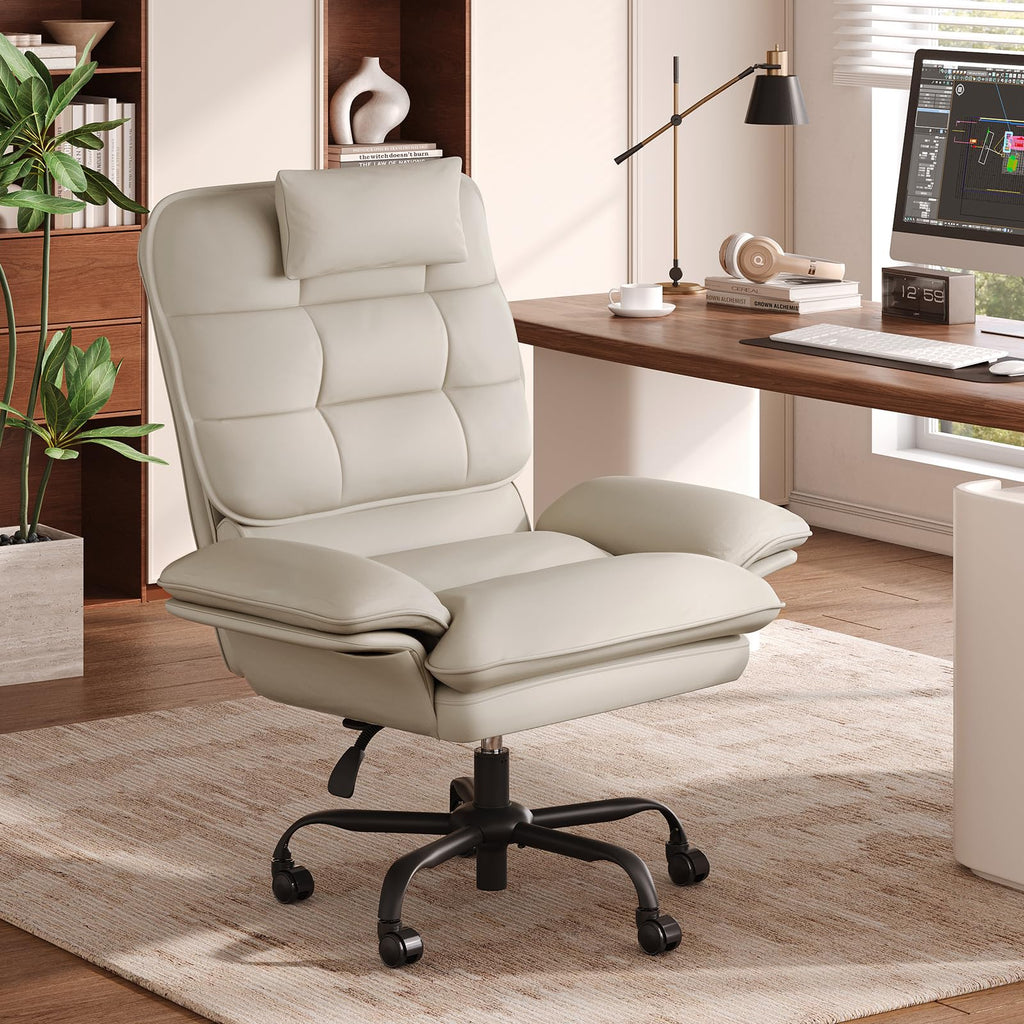 Cross Legged Office Chair Criss Cross Chair with Adjustable Arms 135° Reclining PU Leather Executive Chair with Wheels Big and Tall Computer Desk Chair for Home Office Beige