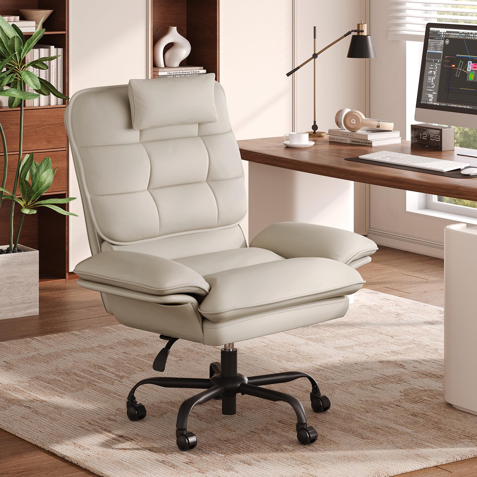 Cross Legged Office Chair Criss Cross Chair with Adjustable Arms 135° Reclining PU Leather Executive Chair with Wheels Big and Tall Computer Desk Chair for Home Office Beige
