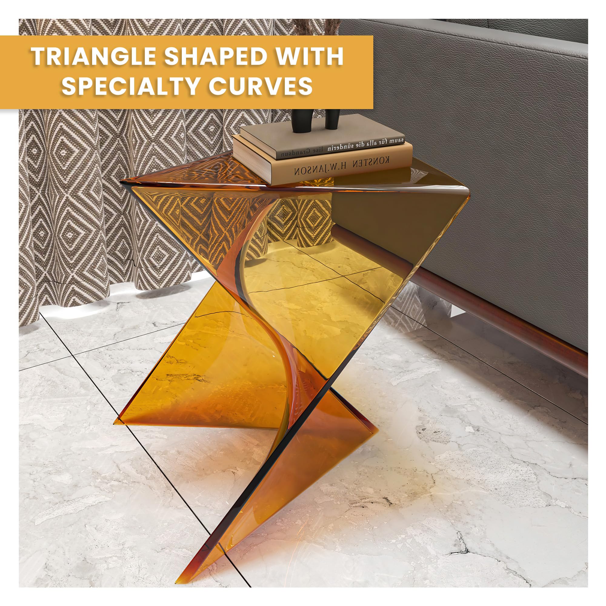 15.75" Triangular Side Table, Stackable Plastic Accent End Table for Indoor & Outdoor Use, Weather-Resistant Modern Patio & Living Room Table, Set of 2, Tea (Transparent)