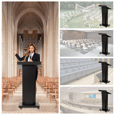 Metal Podium Stand with Wheels, Heavy-Duty Rolling Lectern for Classroom, Church & Office Presentations, Large Top, Locking Casters, Stable Base