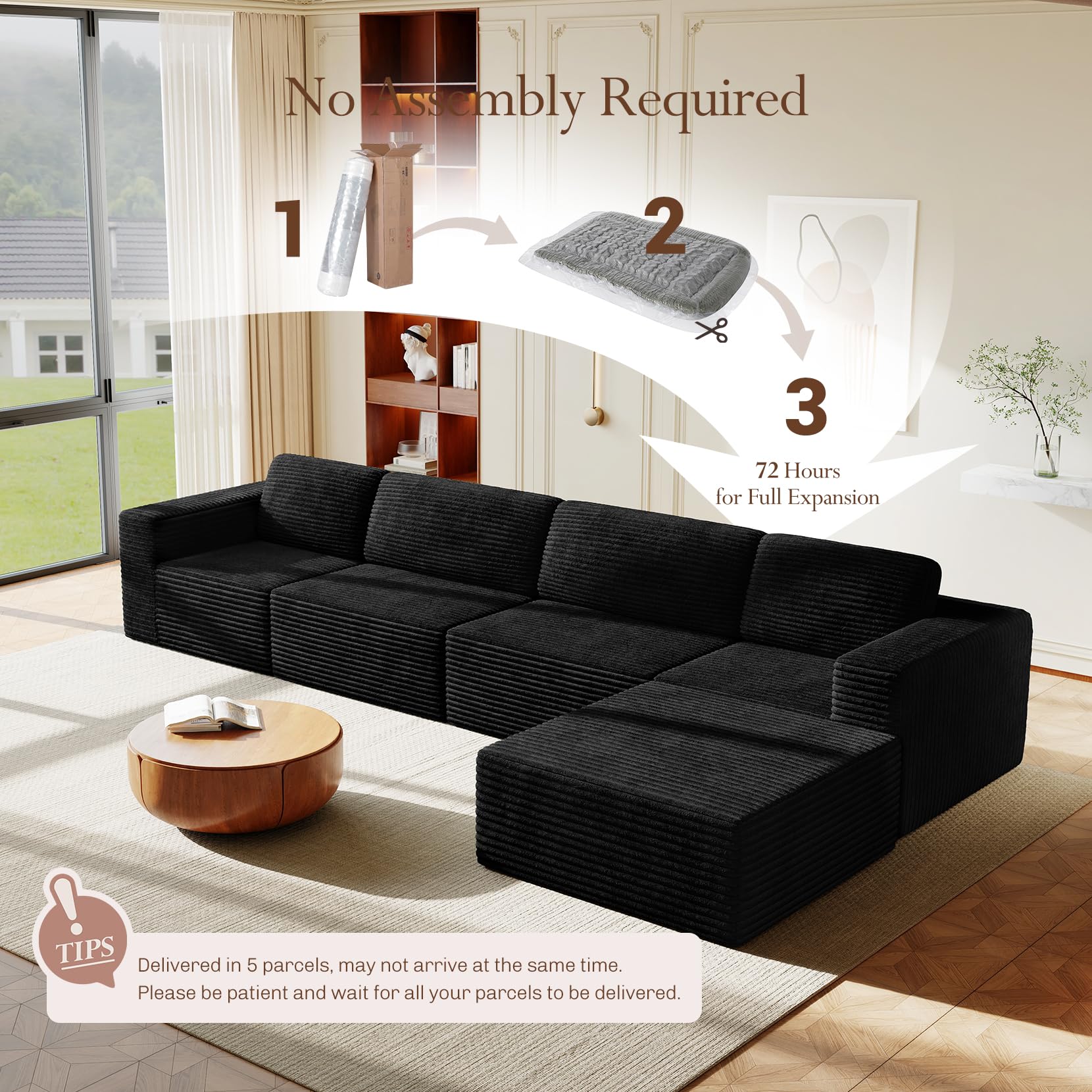 159" Large Modular Sectional Sofa, L-Shaped Corduroy Cloud Couch with Deep Seats & Spring Support, 4-Seater Boneless Sofa with Movable Ottoman, No Assembly Needed, Black