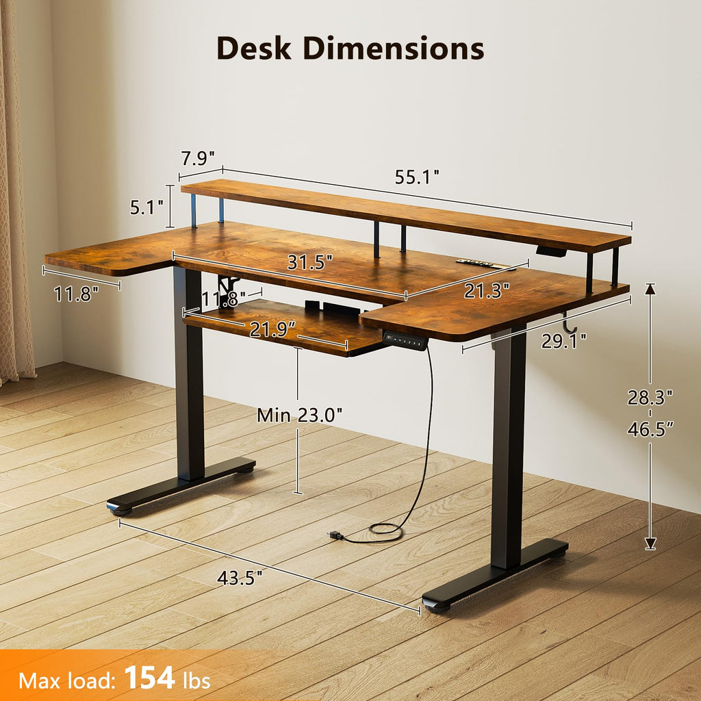 U Shaped Electric Standing Desk with Keyboard Tray, 55 Inch Height Adjustable Desk with Power Outlets & LED Lights, Sit Stand Table with Monitor Stand for Home, Office, Rustic Brown