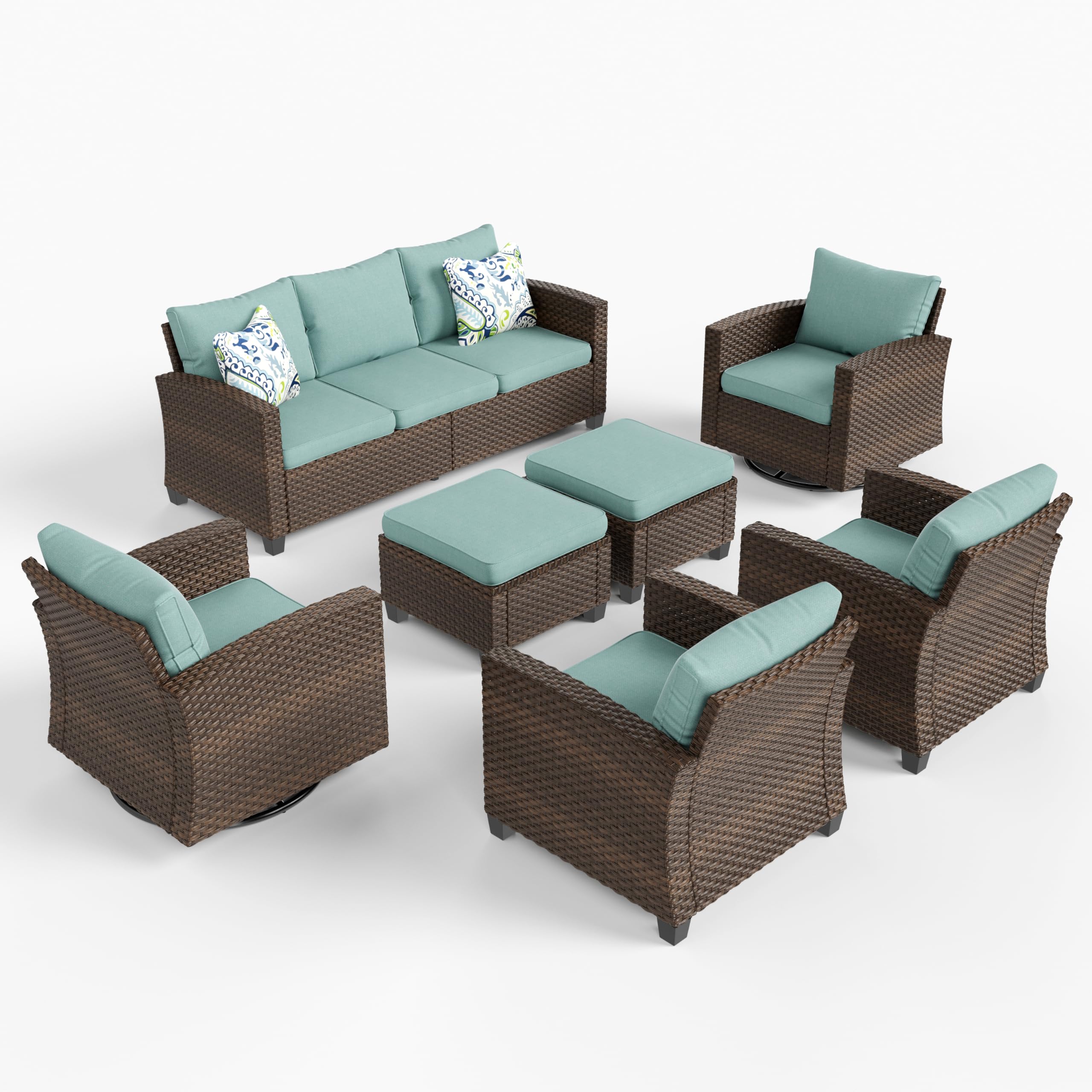 Patio Furniture Set with Swivel Glide Chairs, Outdoor Sectional Sofa Set, 7 Pieces Patio Conversation Sets for Lawn Backyard Deck, Brown/Blue