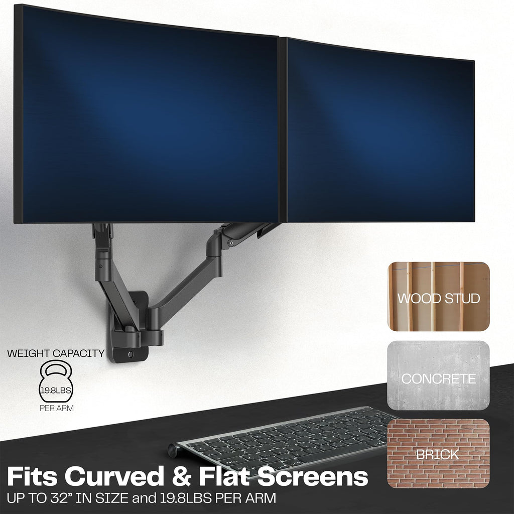 Height Adjustable Pneumatic Extended Arm Dual Monitor Wall Mount Full Motion Articulating, Fits 2 Screens 17 to 27 inches, Black, MOUNT-V002G