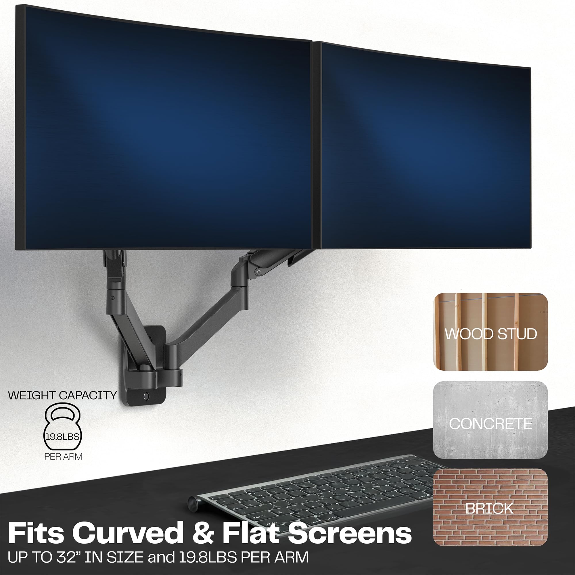 Height Adjustable Pneumatic Extended Arm Dual Monitor Wall Mount Full Motion Articulating, Fits 2 Screens 17 to 27 inches, Black, MOUNT-V002G