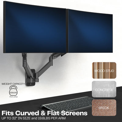 Height Adjustable Pneumatic Extended Arm Dual Monitor Wall Mount Full Motion Articulating, Fits 2 Screens 17 to 27 inches, Black, MOUNT-V002G