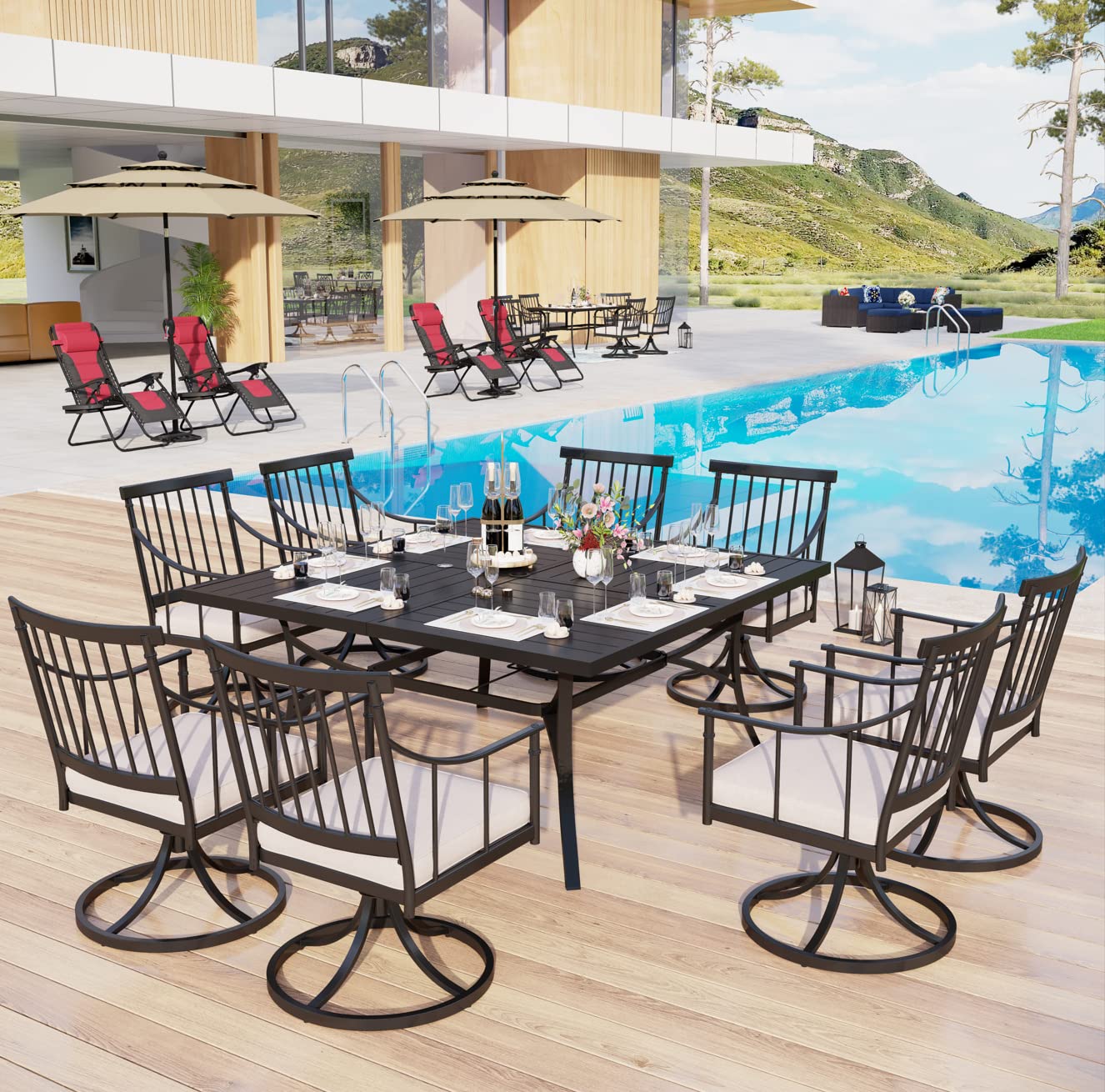 9 PCS Outdoor Patio Dining Set, 8 Metal Swivel Chairs with Removable Cushions and 1 Square Dining Table with 1.57