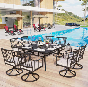9 PCS Outdoor Patio Dining Set, 8 Metal Swivel Chairs with Removable Cushions and 1 Square Dining Table with 1.57
