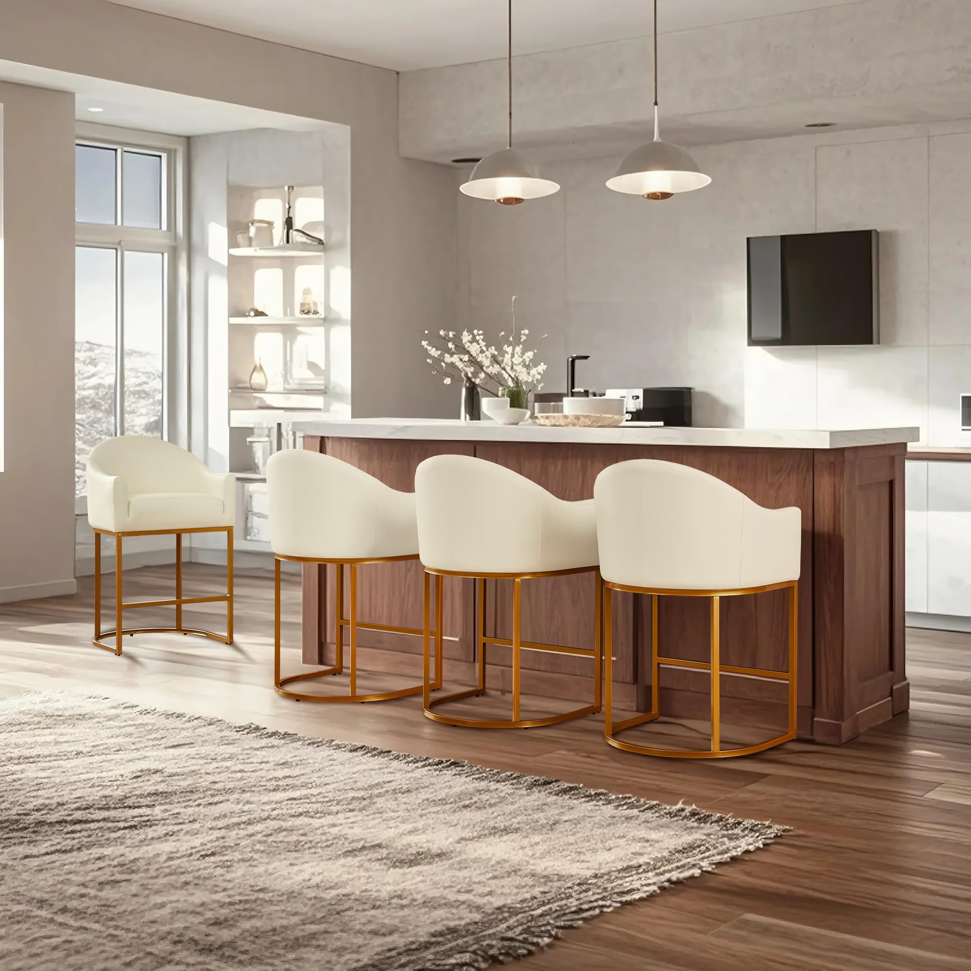 Counter Height Bar Stools Set of 4,Modern Counter Height Bar Stools,PU Leather Upholstered Barrel Barstools with Backs,26'' Kitchen Island Chairs,Metal Gold Frames,Beige White Leather