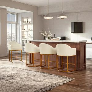 Counter Height Bar Stools Set of 4,Modern Counter Height Bar Stools,PU Leather Upholstered Barrel Barstools with Backs,26'' Kitchen Island Chairs,Metal Gold Frames,Beige White Leather