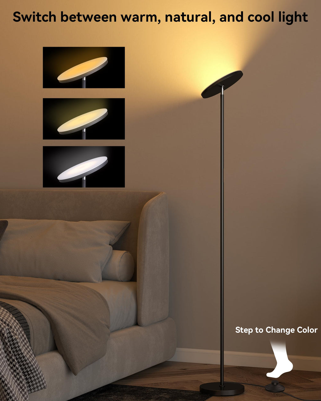 LED Floor Lamp – Super Bright Torchiere with Remote & Foot Switch, Stepless Dimmable Tall Standing Lamp, 69" Modern Pole Light for Corner, Living Room, Bedroom, Reading, Office
