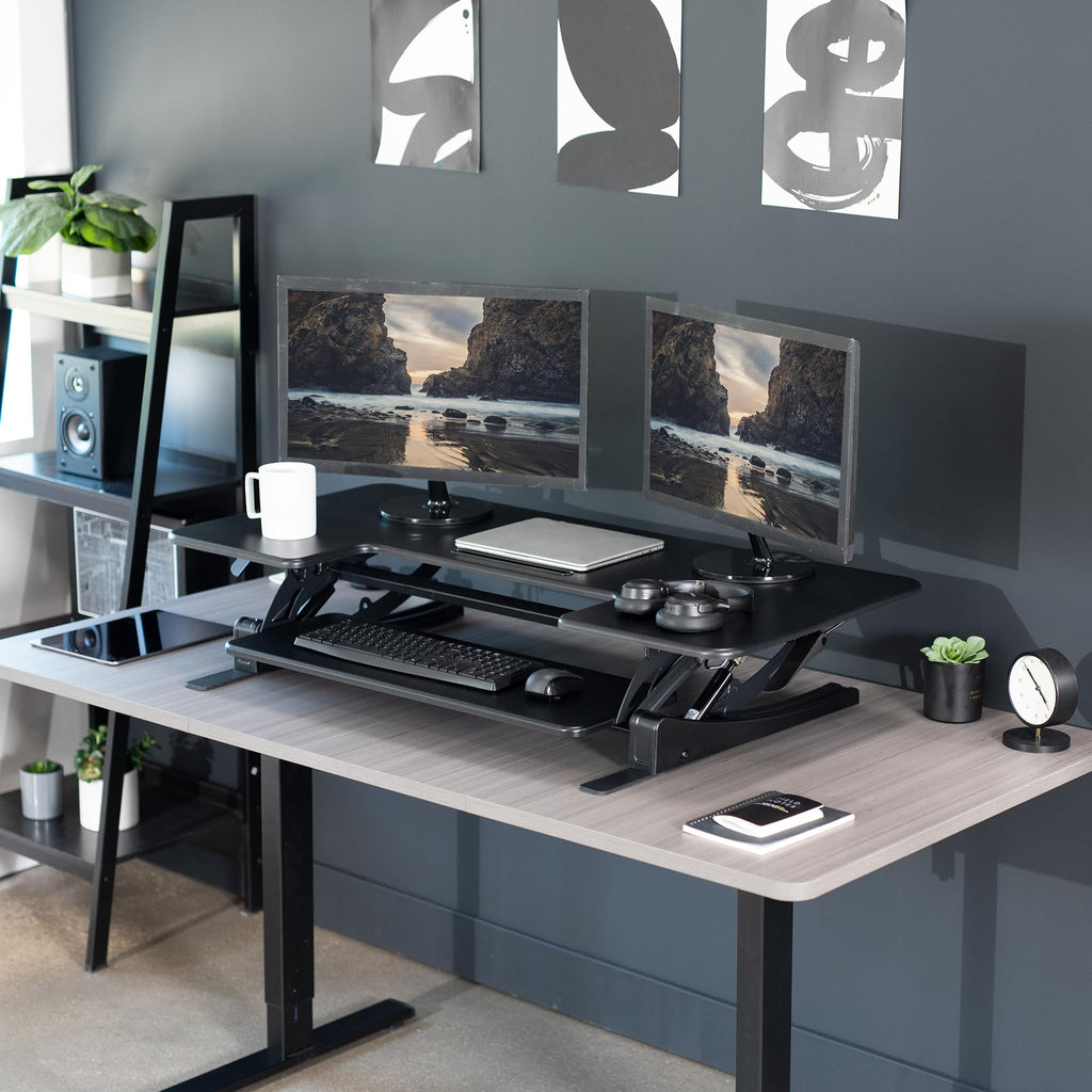 48 inch Height Adjustable Large Stand Up Desk Converter, V Series, Quick Sit to Stand Tabletop Dual Monitor Riser Workstation, Black, DESK-V048V