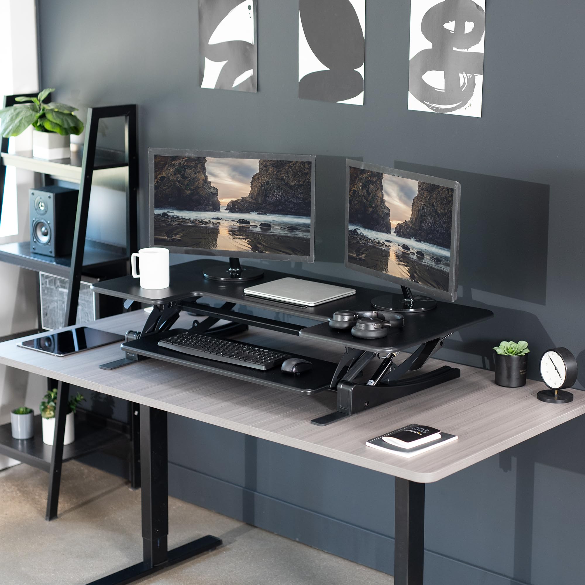 48 inch Height Adjustable Large Stand Up Desk Converter, V Series, Quick Sit to Stand Tabletop Dual Monitor Riser Workstation, Black, DESK-V048V