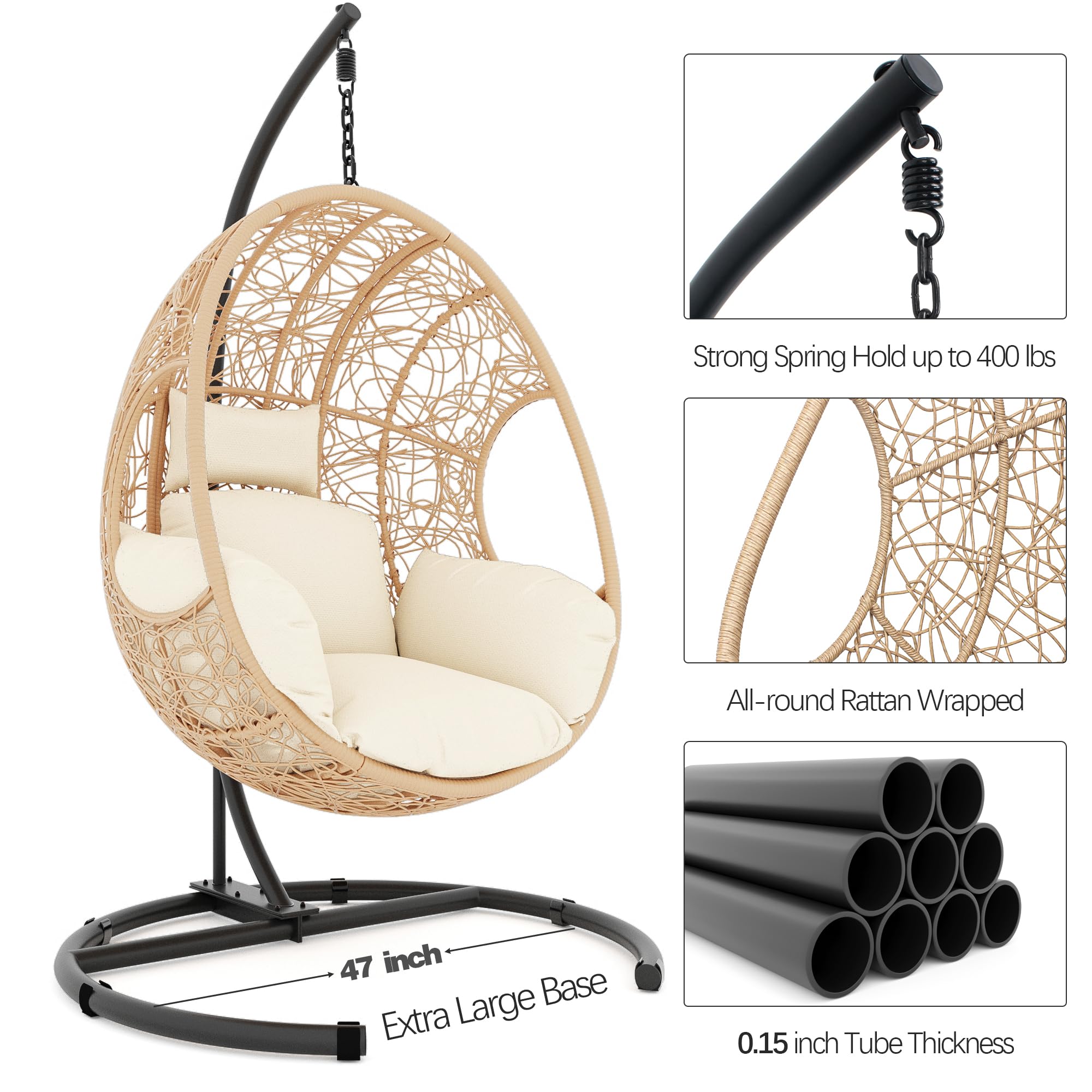Oversized Hanging Egg Chair Outdoor Indoor, Wicker Swing Egg Chair with Stand 400lbs Capacity for Bedroom, Patio, Garden and Balcony (Beige-nest, Oversize)