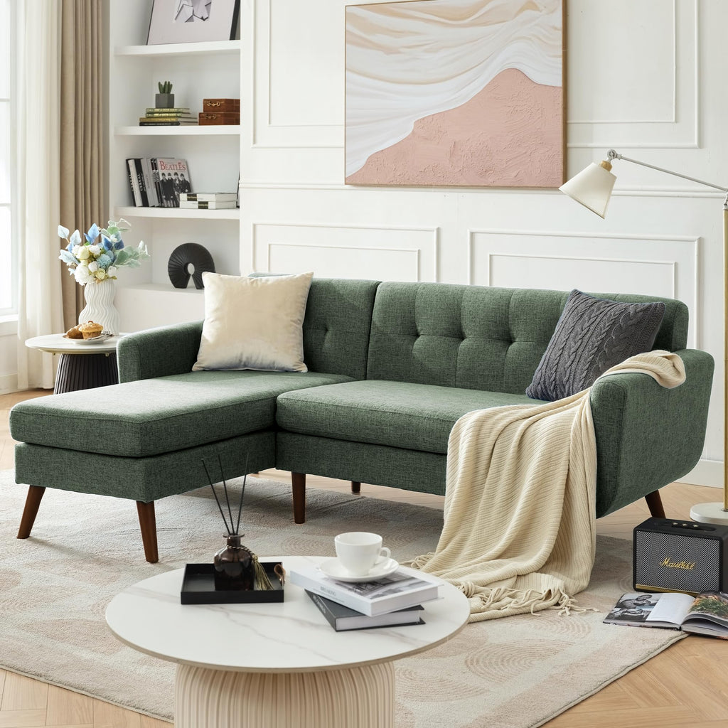 L Shaped Couch, 80" W Mid-Century Modern Sofa, Sectional Couches, 3 Seater Sofas with Wide Chaise Lounge, Button Tufted Upholstered Sectional Sofa for Living Room, Bedroom, Green