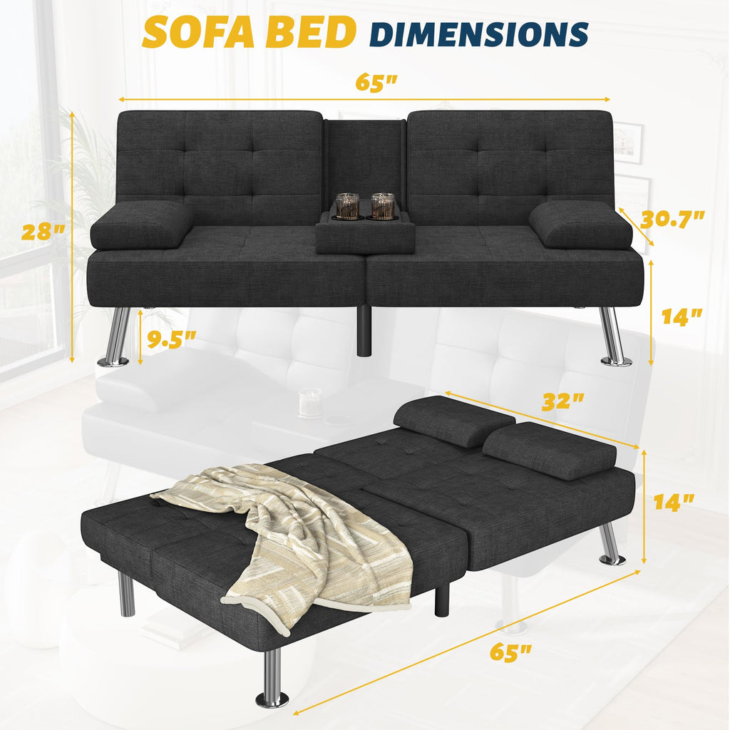 Sofa Bed Adjustable Futon Couch Sleeper Sofa Bed for Living Room, Business Office, Recliner Sofas with Cup Holders (Fabric, Black)
