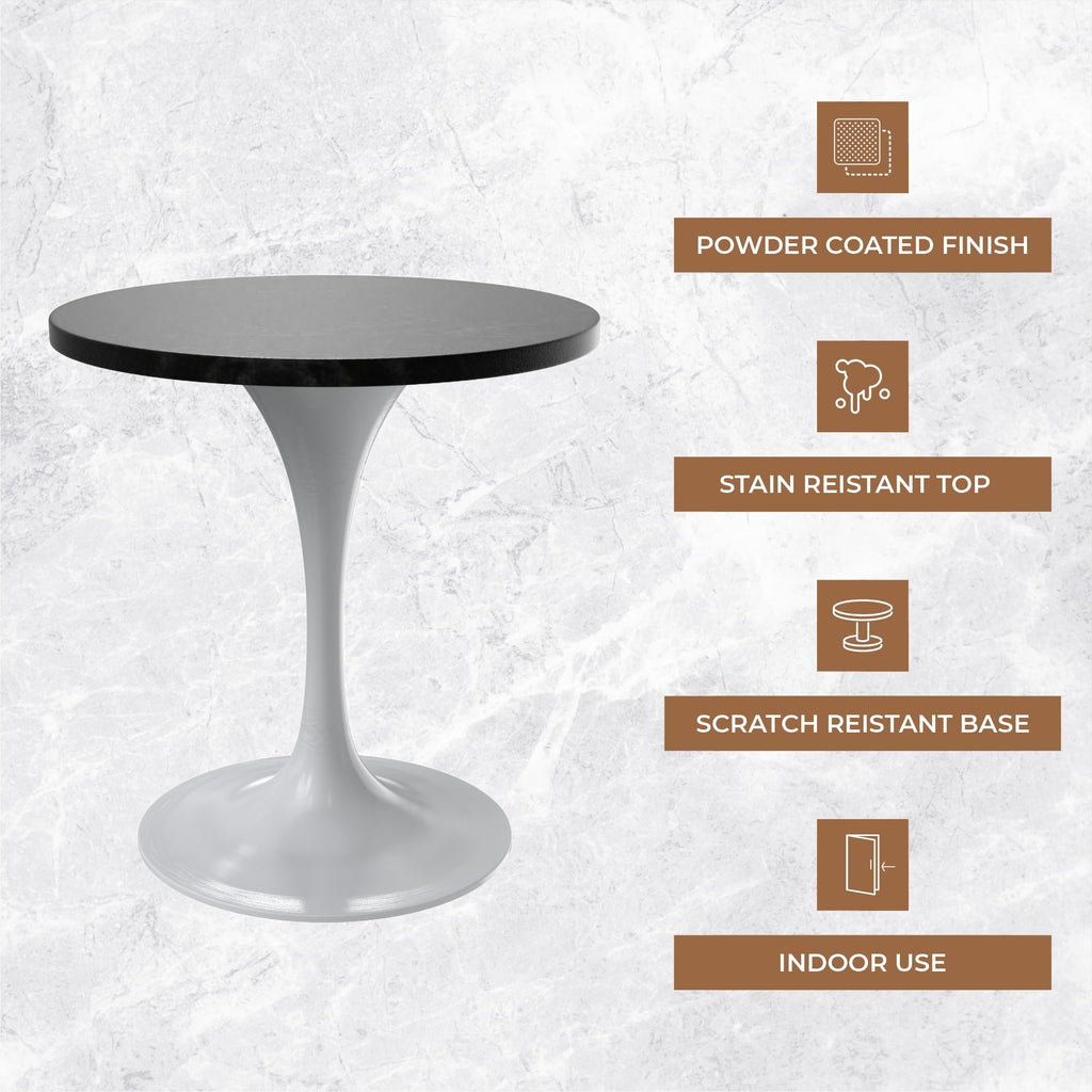 Mid-Century Modern 27 Inch Round Dining Table, MDF Wood Tabletop with White Steel Pedestal Base, Contemporary Kitchen & Dining Room Table, Small Space Breakfast Table, Black
