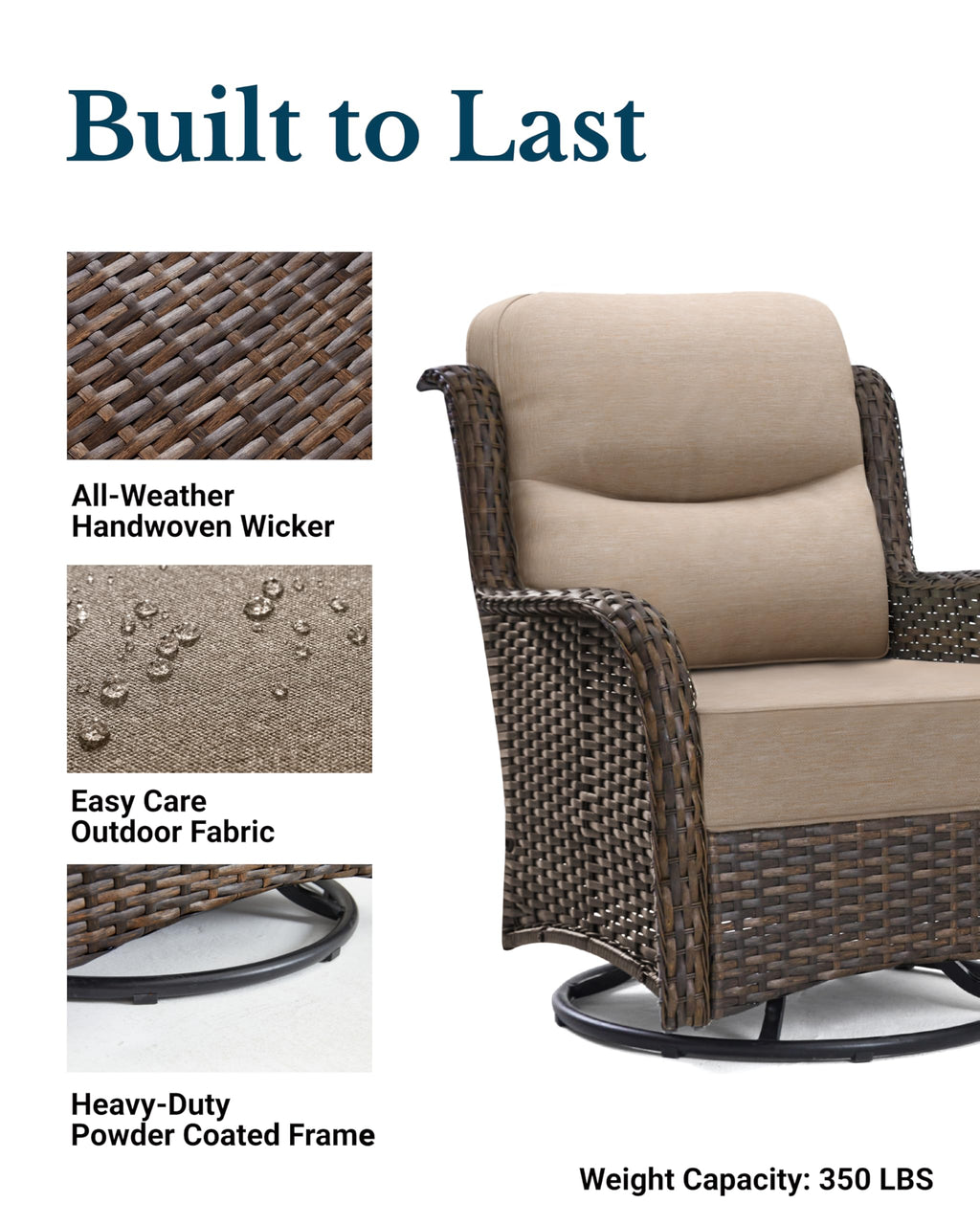 Luxury Patio Furniture Set with 6-inch Thick Cushion, Outdoor High Back Swivel Rocker Patio Chairs, 2PCS Wicker Conversation Set for Deck Yard and Poolside, Beige (V2)