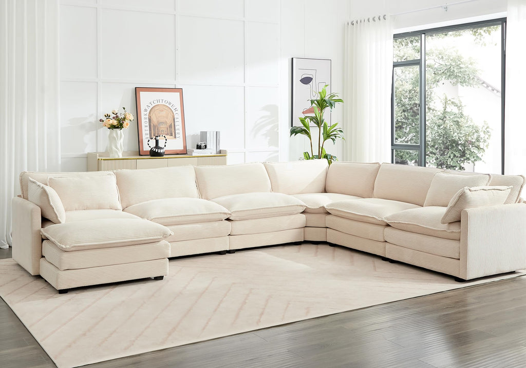 150'' Modular Sectional Cloud Couch, 7 Seater Corner Sofa Big Comfy Corduroy V Shaped Couch with 4 Throw Pillows, Convertible Chaise, Ottoman, Couches for Living Room Office Beige
