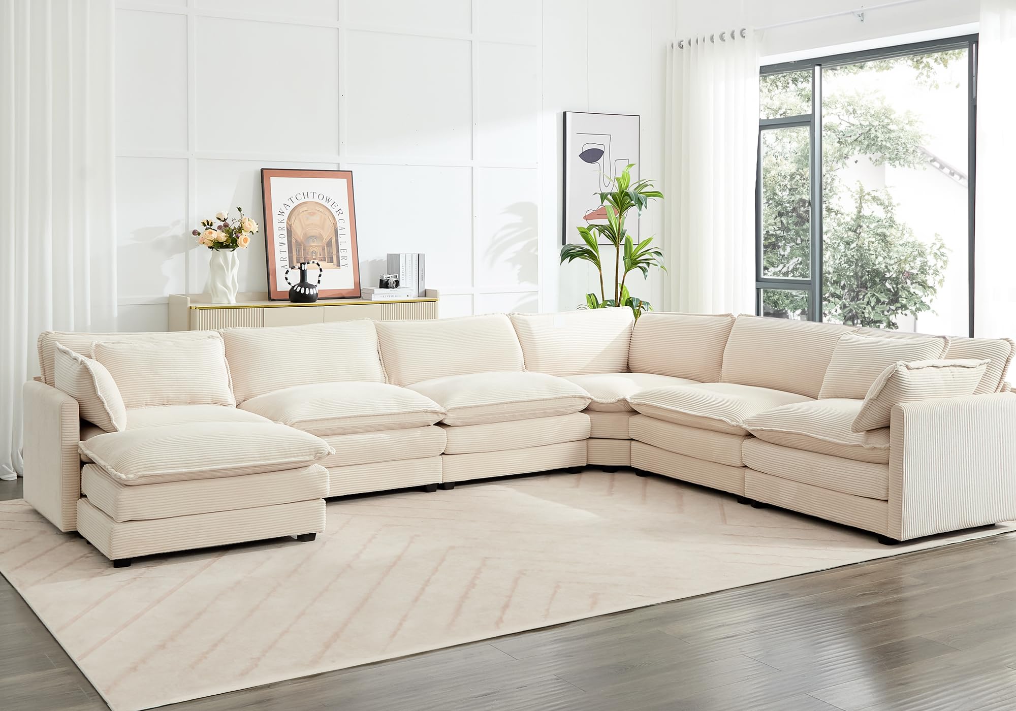 150'' Modular Sectional Cloud Couch, 7 Seater Corner Sofa Big Comfy Corduroy V Shaped Couch with 4 Throw Pillows, Convertible Chaise, Ottoman, Couches for Living Room Office Beige