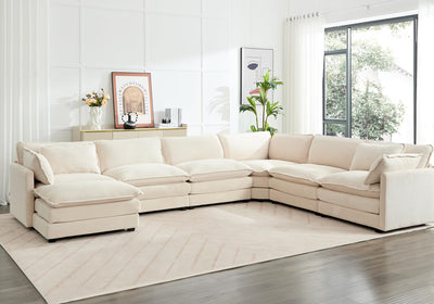 150'' Modular Sectional Cloud Couch, 7 Seater Corner Sofa Big Comfy Corduroy V Shaped Couch with 4 Throw Pillows, Convertible Chaise, Ottoman, Couches for Living Room Office Beige