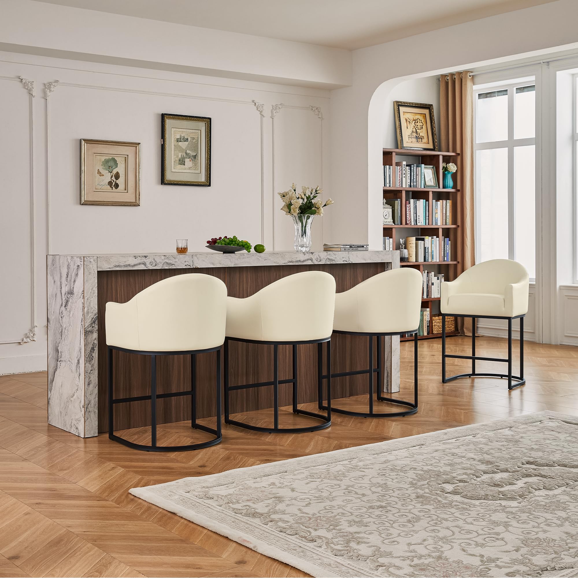 Counter Height Bar Stools Set of 4,Modern Counter Height Bar Stools,PU Leather Upholstered Barrel Barstools with Backs,26'' Kitchen Island Chairs,Metal Black Frames,Beige White Leather
