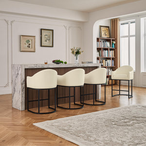 Counter Height Bar Stools Set of 4,Modern Counter Height Bar Stools,PU Leather Upholstered Barrel Barstools with Backs,26'' Kitchen Island Chairs,Metal Black Frames,Beige White Leather