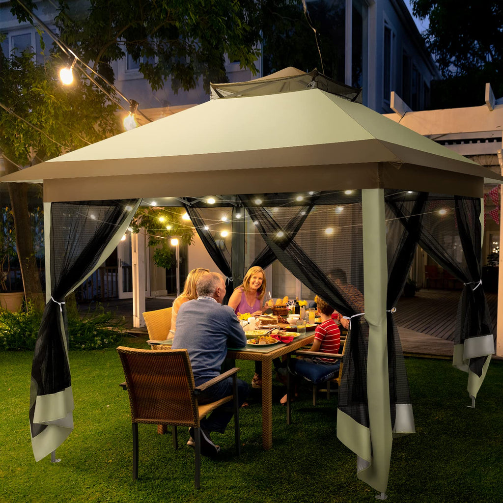 12x12 Pop Up Gazebo On Clearance - Upgrade Easy Up Metal Outdoor Canopy Waterproof - Portable Gazebo with Mosquito Nettings, 4 Ropes 8 Stakes and Carry Bag for Patio Garden(Khaki)