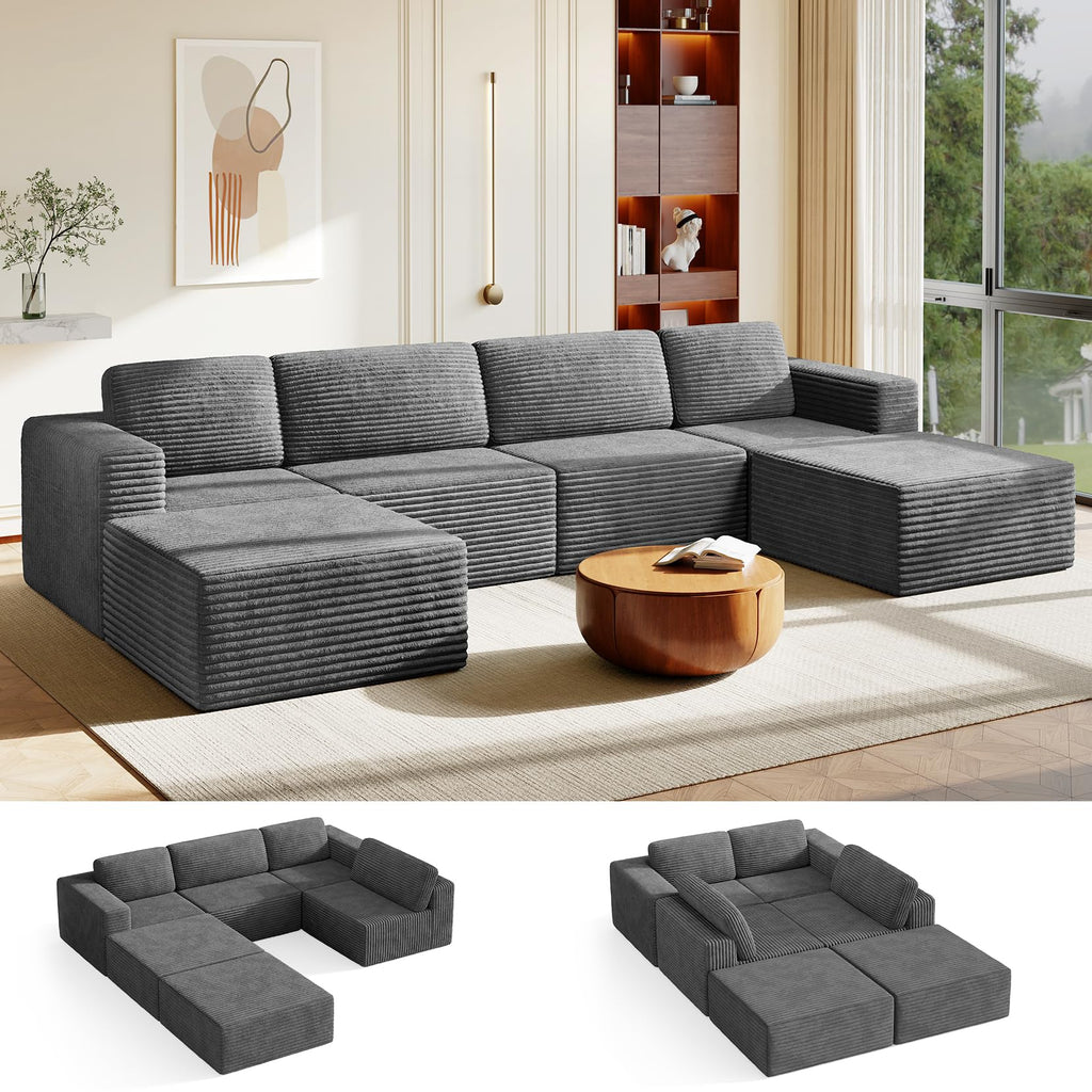 159" Large Modular Sectional Sofa, U-Shaped Corduroy Cloud Couch with Deep Seats & Spring Support, 4-Seater Boneless Sofa with 2 Movable Ottomans, No Assembly Needed, Grey