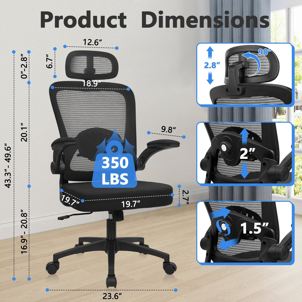 Home Office Desk Chair with Flip Up Armrests, Mesh Back Chair with Adjustable Height Lumbar Support and Headrest, Ergonomic Computer Task Chair for School, Conference, Black(2PK)