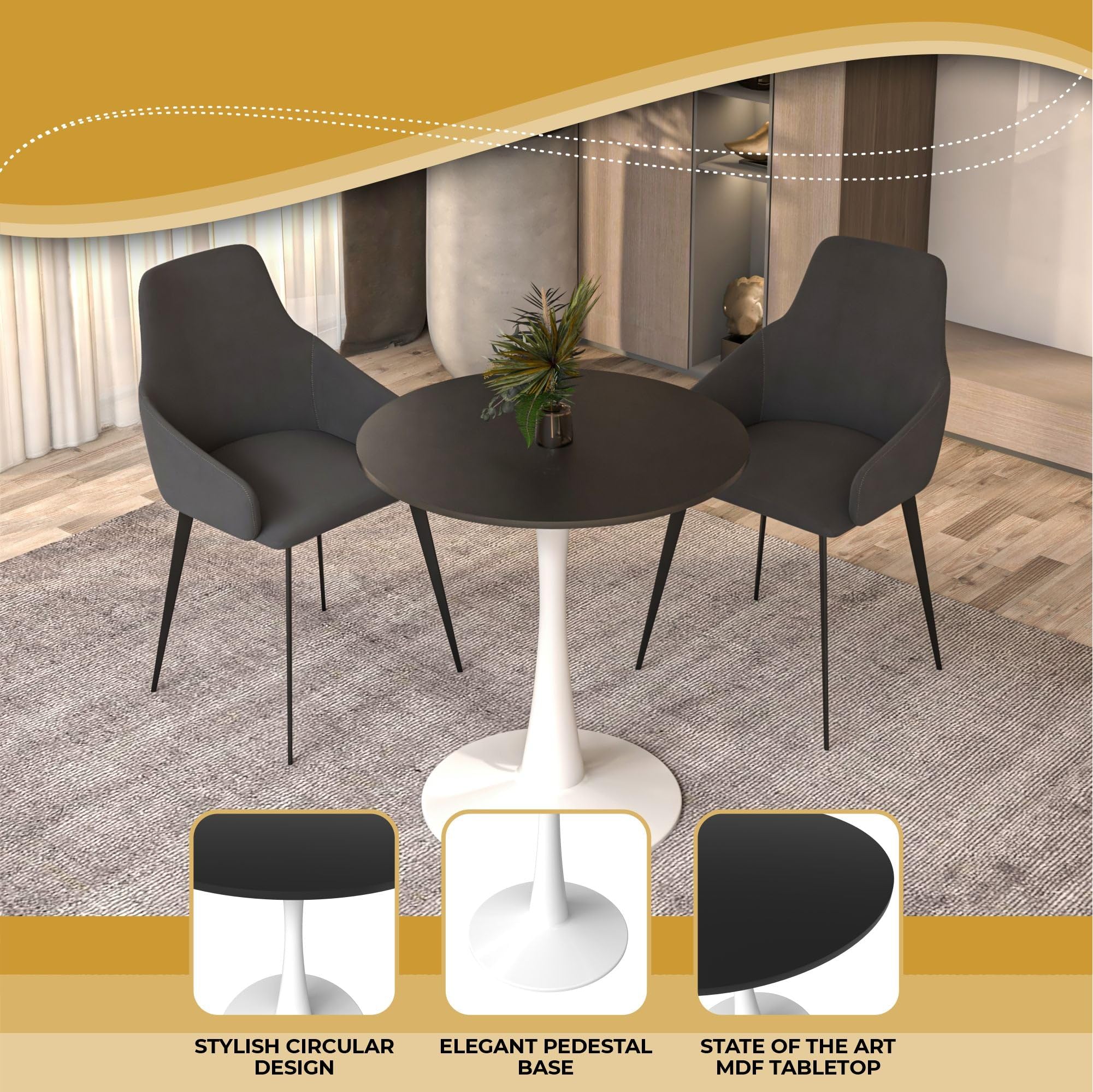 27" Wide Round Dining Table, Modern MDF Wood Top & White Metal Pedestal Base Gloss Finish Accent Table Mid-Century Café Table, Kitchen Dining Room Furniture, Black