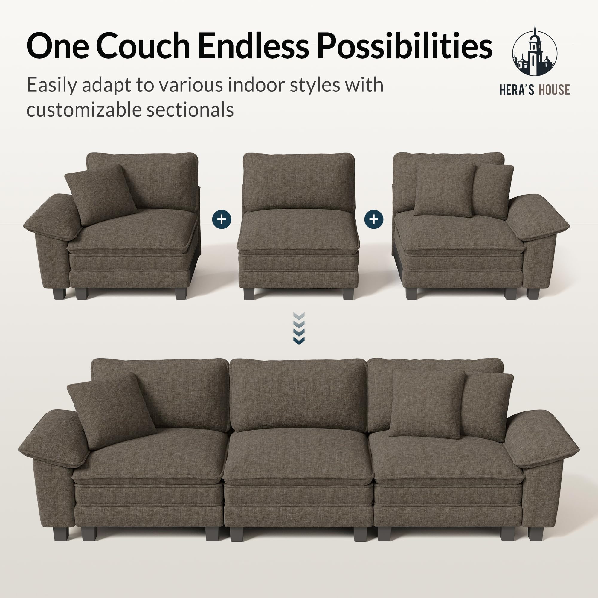 124" Modular Sectional Sofa, Oversized Couches for Living Room, Comfy Cloud Couch 3-Seater Deep Seat Sofa with Throw Pillow, Chenille Ash