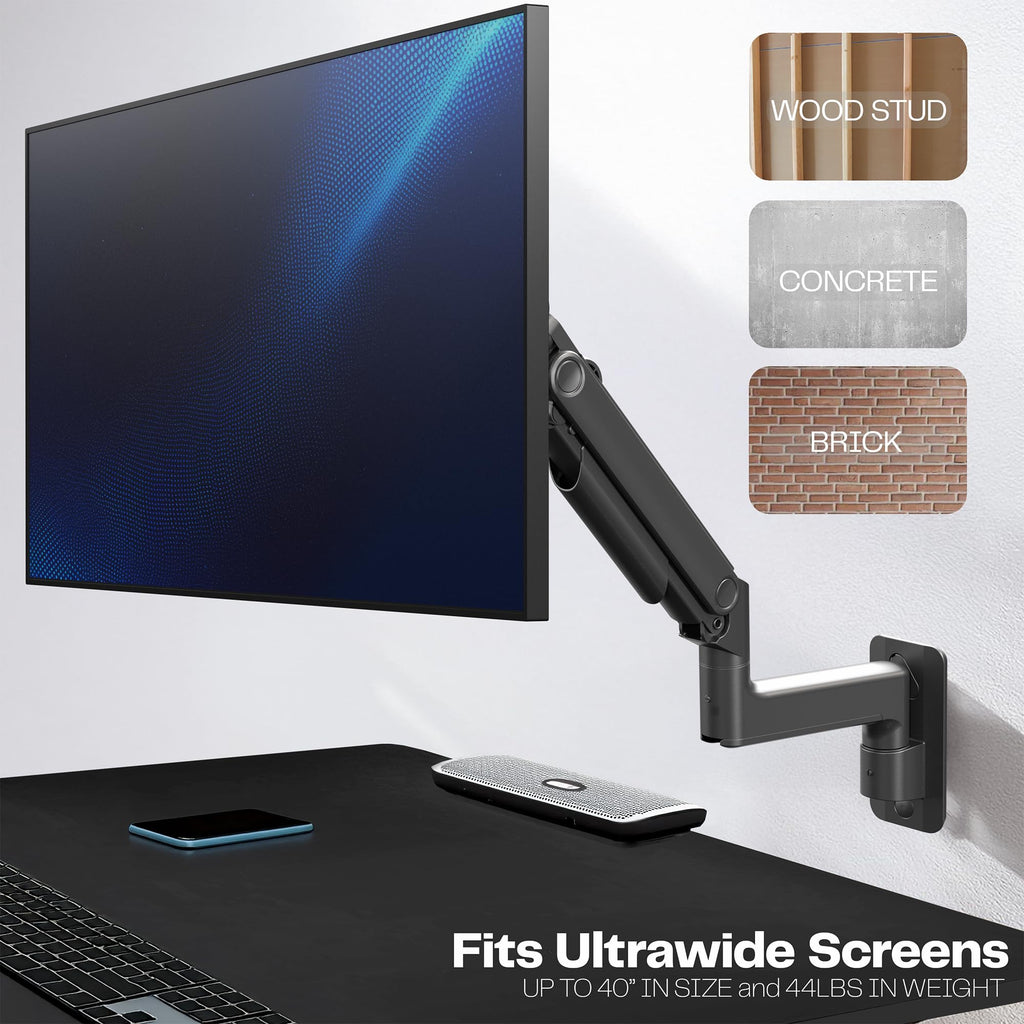 Premium Ultrawide Monitor Counterbalance Wall Mount for 40 inch Screens up to 44 lbs, Full Motion, Max VESA 100x100, Black, MOUNT-V100E