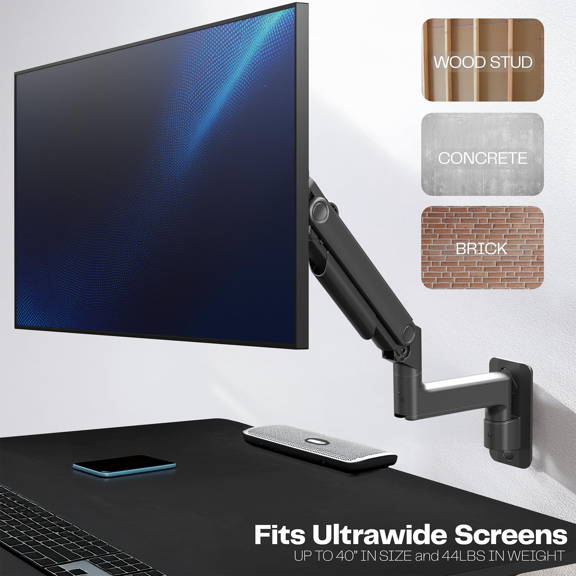 Premium Ultrawide Monitor Counterbalance Wall Mount for 40 inch Screens up to 44 lbs, Full Motion, Max VESA 100x100, Black, MOUNT-V100E