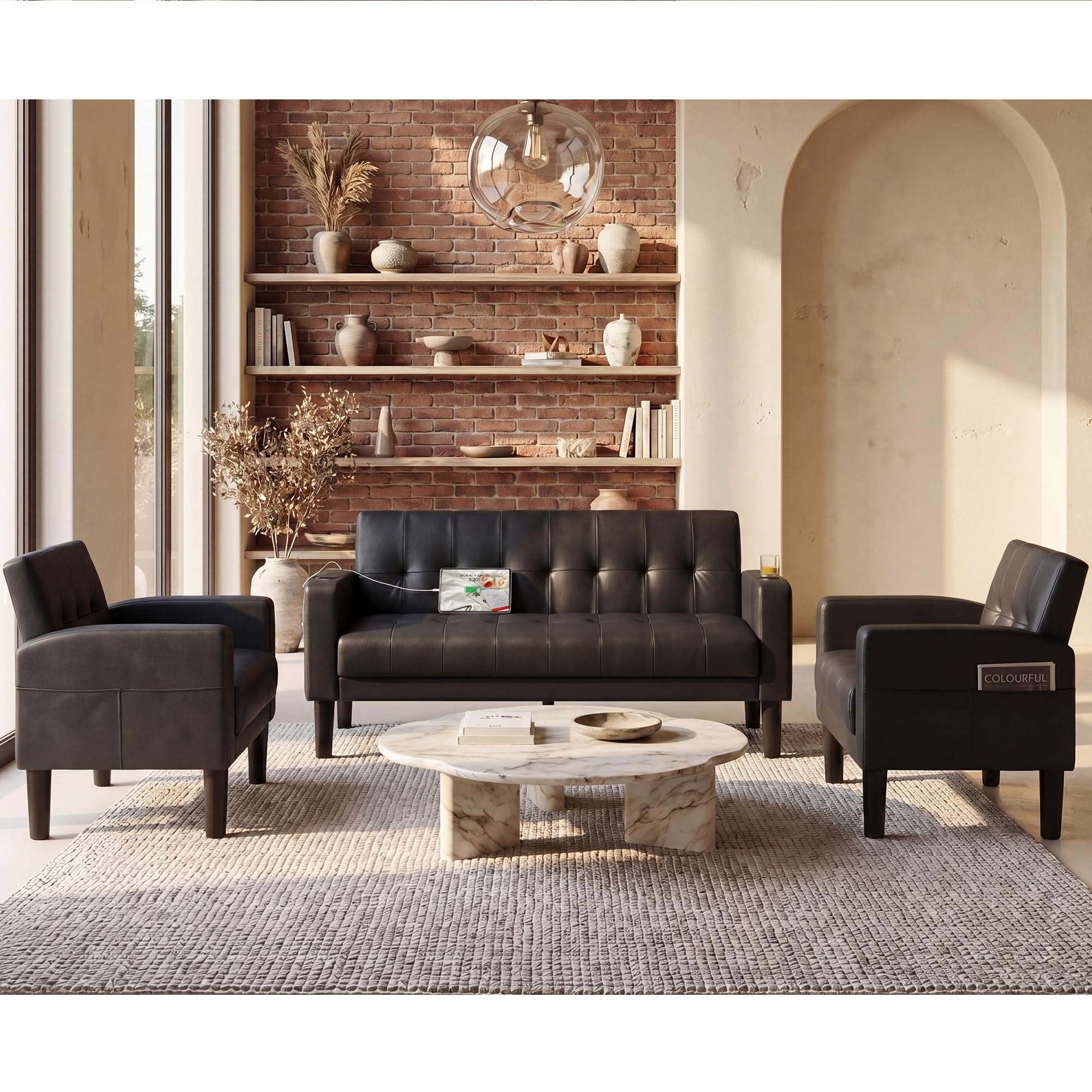Sofa Couch 62" W Loveseat w/ 2 USB Charger Ports & 2 Cupholders, Mid-Century Modern Tufted Small Love Seat Couches for Office, Living Room,Bedroom,Apartment,Dorm (3, Black)